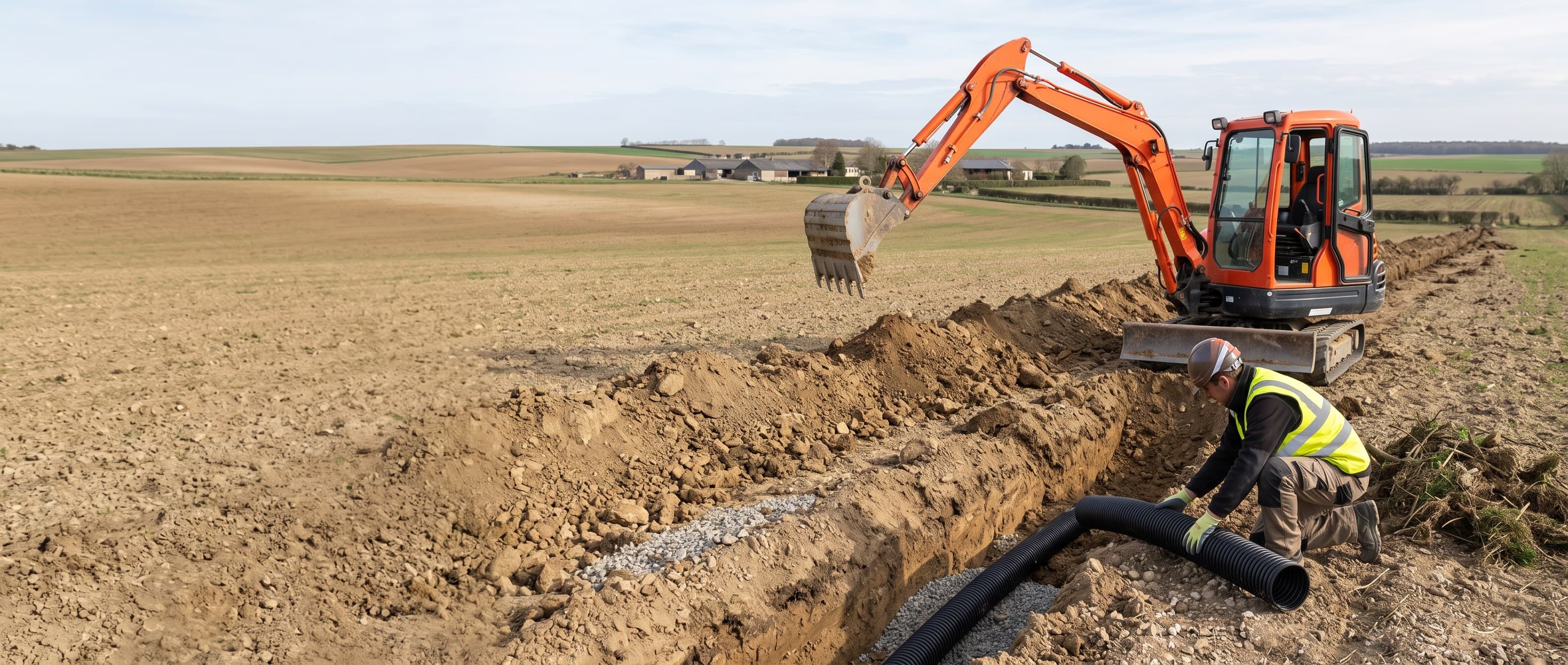 Pose d'un drain agricole dans une tranchée sur une parcelle du plateau du Neubourg, mini-pelle au godet